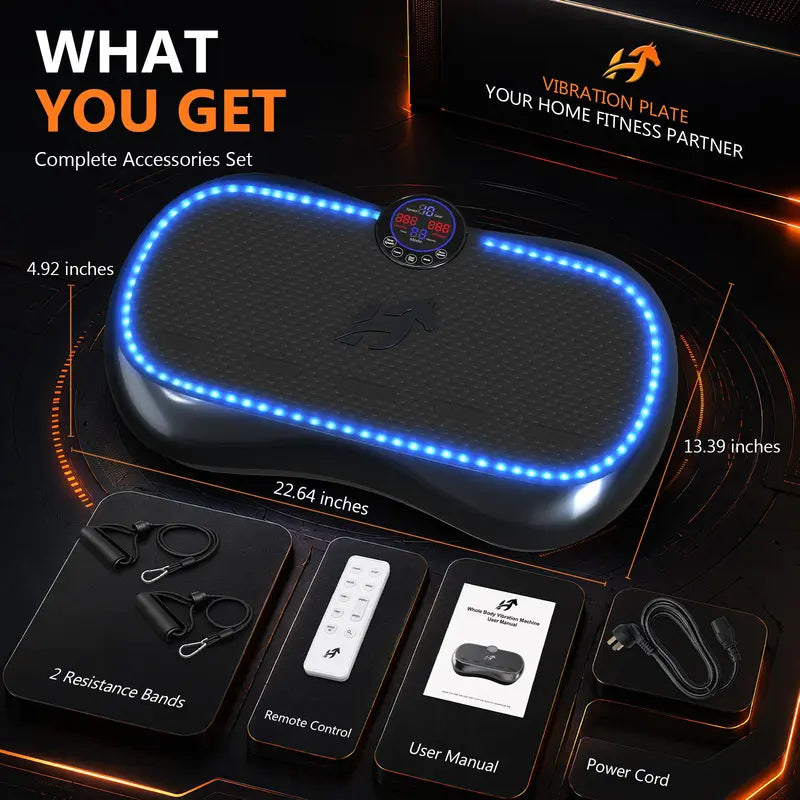 HOPHORSE Unisex Modern Compact Dual Motor Vibratory Plate Machine - 500 LBS Capacity, 99 Speeds, 7 LED Ambient Lights, Ultra-Quiet Design, Silicone Top, High-Strength ABS, Resistance Bands, Remote for at Home Gym Equipment