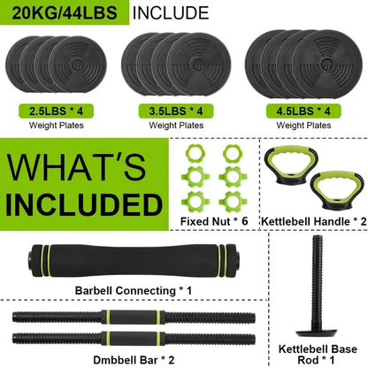 44LB Adjustable Dumbbell Set 4-in-1 Weight Set Dumbbells, Barbell, Kettlebell & Push-Up Handles, Home Gym Strength Training Equipment