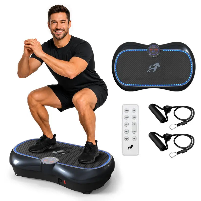 HOPHORSE Unisex Modern Compact Dual Motor Vibratory Plate Machine - 500 LBS Capacity, 99 Speeds, 7 LED Ambient Lights, Ultra-Quiet Design, Silicone Top, High-Strength ABS, Resistance Bands, Remote for at Home Gym Equipment